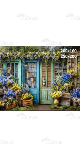 Tło fotograficzne „Wiosenne drzwi wśród niebiesko-żółtych kwiatów” | E834